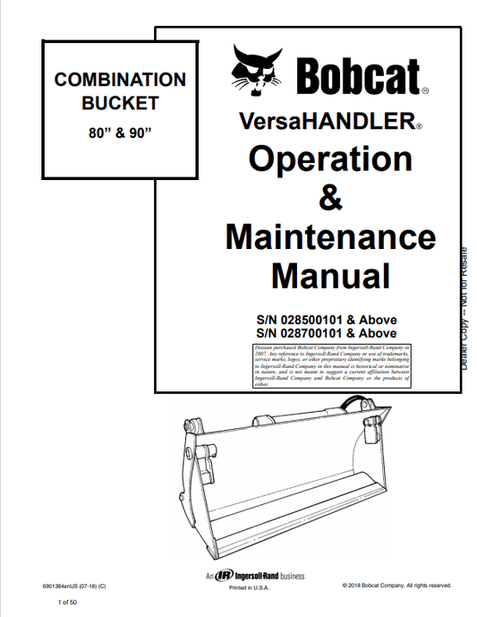 BOBCAT VERSAHANDLER 80 AND 90 INCH COMBINATION BUCKET OPERATION AND MAINTENANCE MANUAL 6901384 PDF