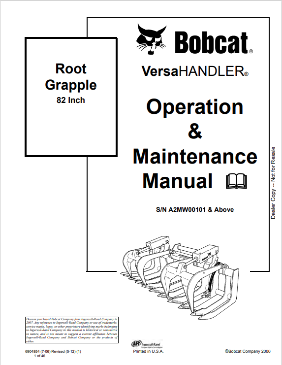 BOBCAT VERSAHANDLER 82 INCH ROOT GRAPPLE OPERATION AND MAINTENANCE MANUAL 6904854 PDF