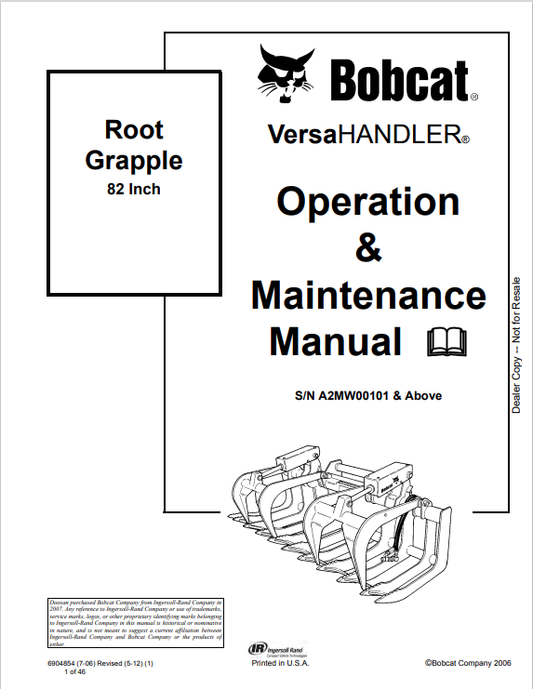 BOBCAT VERSAHANDLER 82 INCH ROOT GRAPPLE OPERATION AND MAINTENANCE MANUAL 6904854 PDF