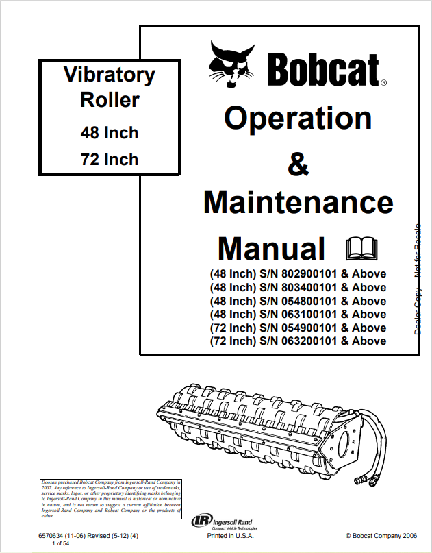 BOBCAT VIBRATORY ROLLER 42, 72 INCH OPERATION AND MAINTENANCE MANUAL 6570634 PDF