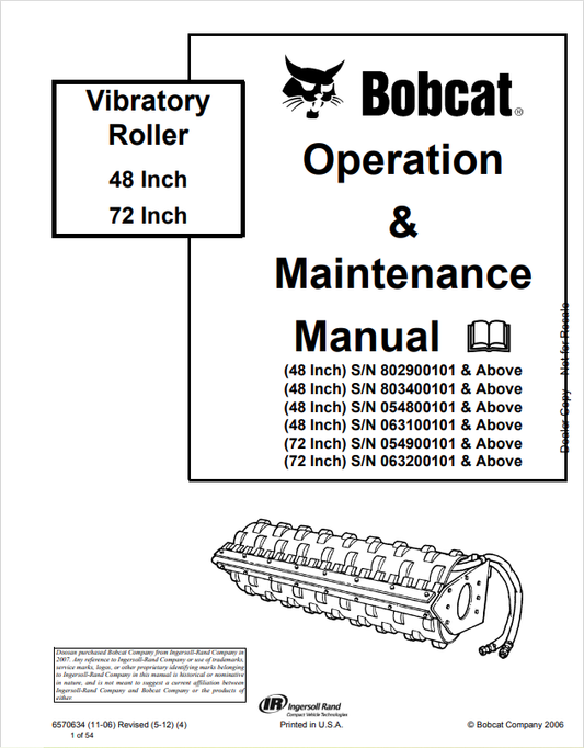 BOBCAT VIBRATORY ROLLER 42, 72 INCH OPERATION AND MAINTENANCE MANUAL 6570634 PDF