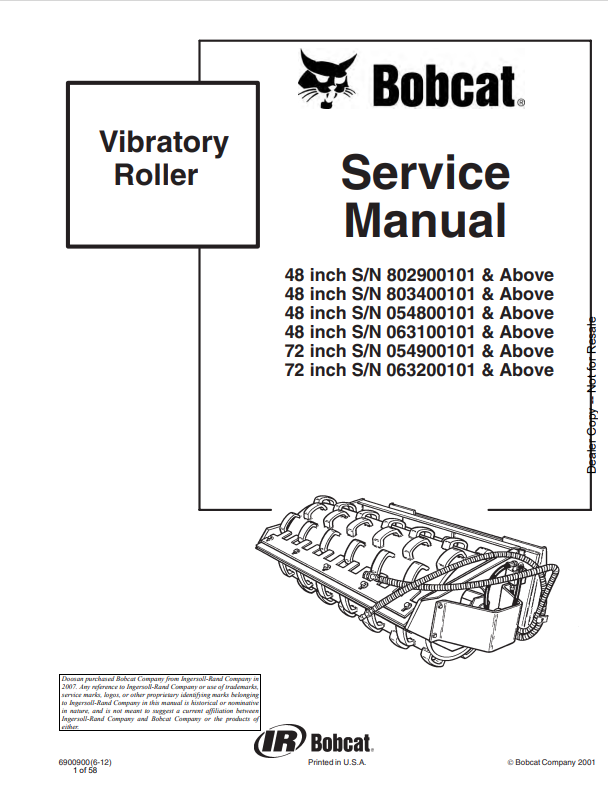 BOBCAT VIBRATORY ROLLER SERVICE MANUAL 6900900 PDF