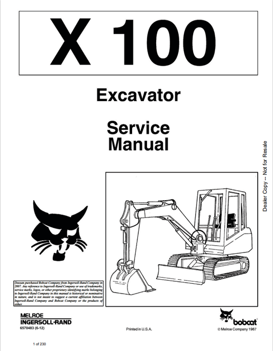 BOBCAT X100 EXCAVATOR SERVICE MANUAL 6570483 PDF