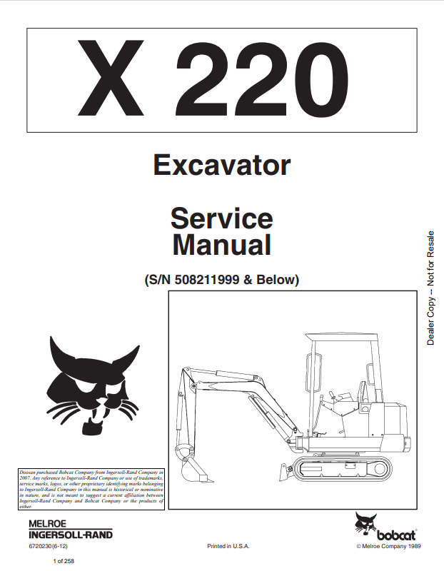 BOBCAT X220 EXCAVATOR SERVICE MANUAL 6720230 PDF