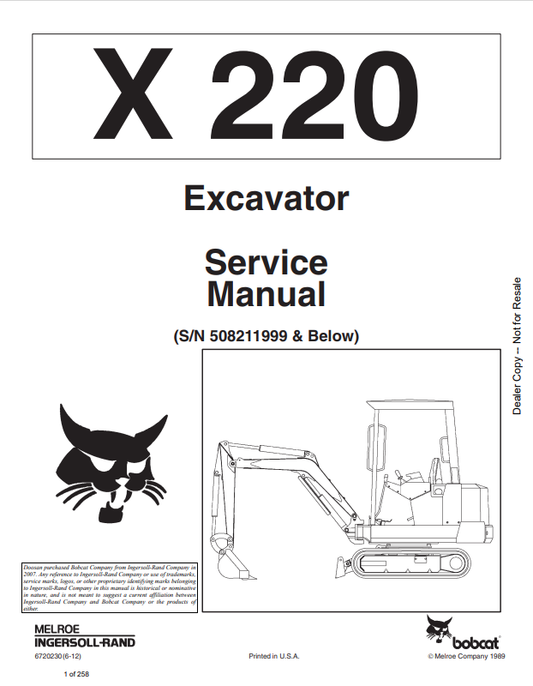 BOBCAT X220 EXCAVATOR SERVICE MANUAL 6720230 PDF