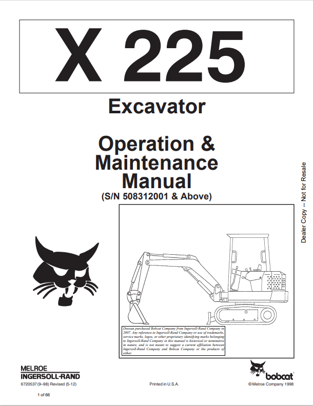 BOBCAT X225 EXCAVATOR OPERATION AND MAINTENANCE MANUAL 6720537 PDF