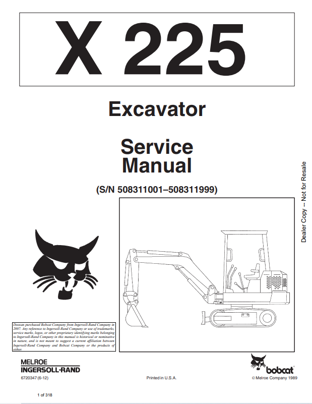 BOBCAT X225 EXCAVATOR SERVICE MANUAL 6720347 PDF