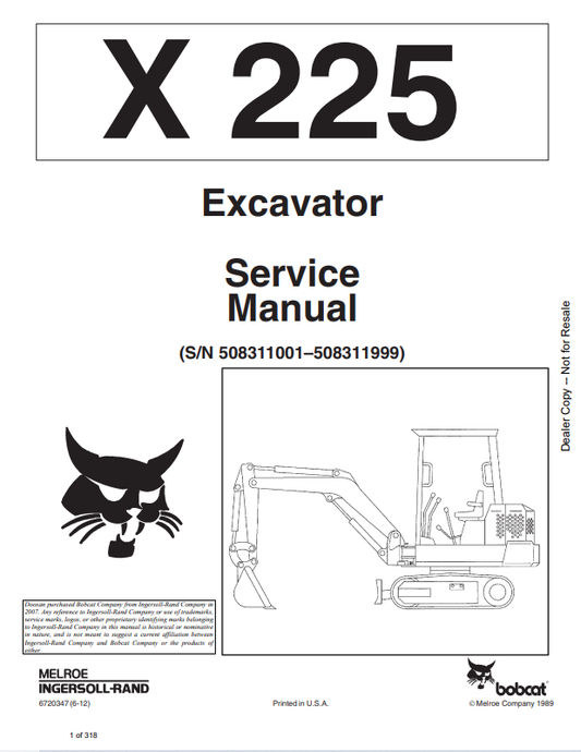 BOBCAT X225 EXCAVATOR SERVICE MANUAL 6720347 PDF
