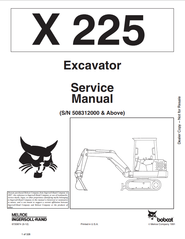 BOBCAT X225 EXCAVATOR SERVICE MANUAL 6720874 PDF