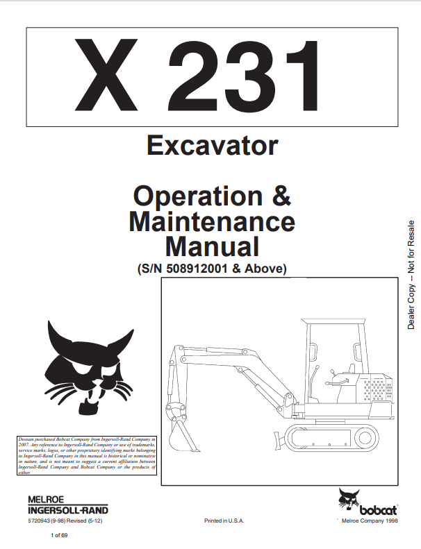 BOBCAT X231 EXCAVATOR OPERATION AND MAINTENANCE MANUAL 6720943 PDF