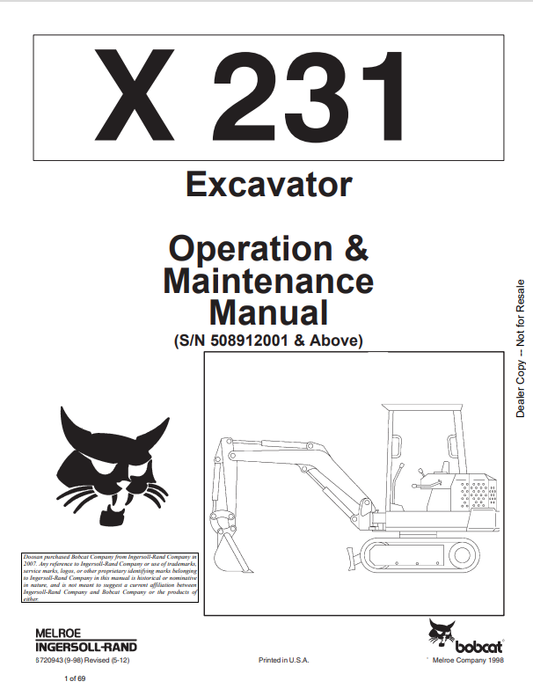 BOBCAT X231 EXCAVATOR OPERATION AND MAINTENANCE MANUAL 6720943 PDF