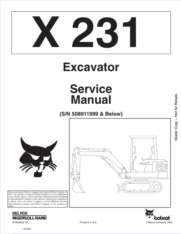 BOBCAT X231 EXCAVATOR SERVICE MANUAL 6720496 PDF