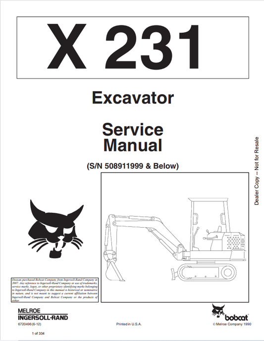 BOBCAT X231 EXCAVATOR SERVICE MANUAL 6720496 PDF