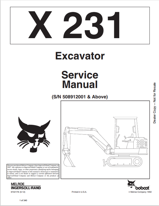 BOBCAT X231 EXCAVATOR SERVICE MANUAL 6722178 PDF