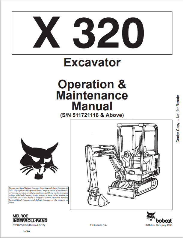 BOBCAT X320 EXCAVATOR OPERATION AND MAINTENANCE MANUAL 6724026 PDF