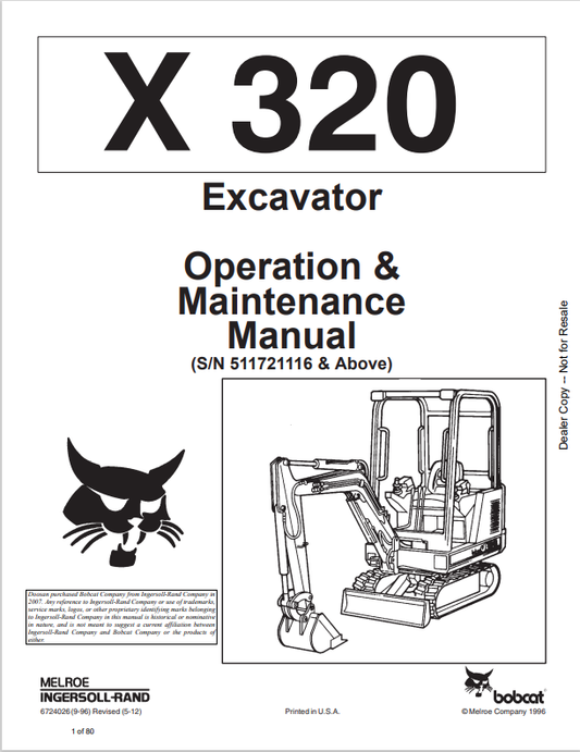 BOBCAT X320 EXCAVATOR OPERATION AND MAINTENANCE MANUAL 6724026 PDF