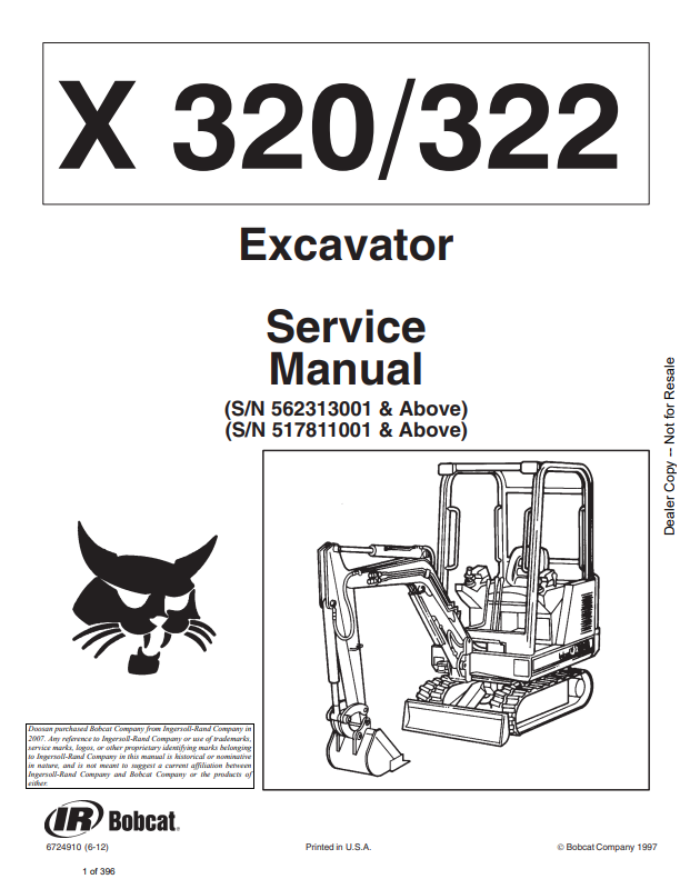 BOBCAT X320, X322 EXCAVATOR SERVICE MANUAL 6724910 PDF