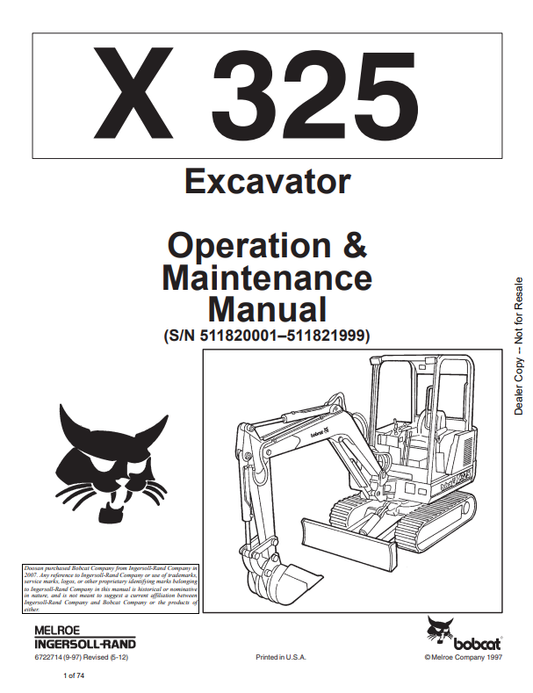 BOBCAT X325 EXCAVATOR OPERATION AND MAINTENANCE MANUAL 6722714 PDF