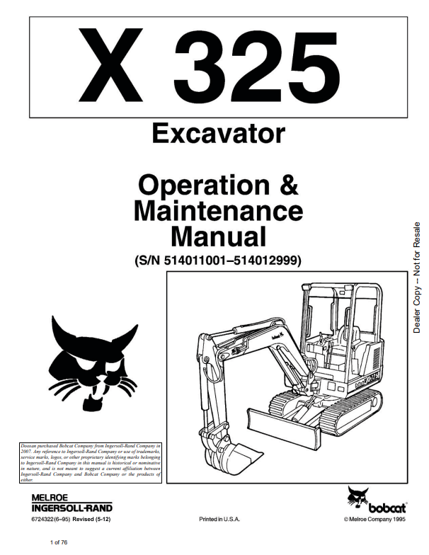 BOBCAT X325 EXCAVATOR OPERATION AND MAINTENANCE MANUAL 6724322 PDF