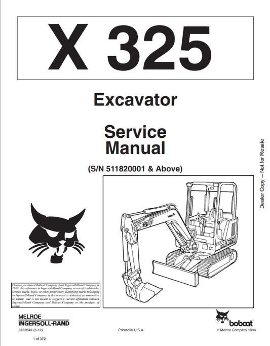 BOBCAT X325 EXCAVATOR SERVICE MANUAL 6722849 PDF