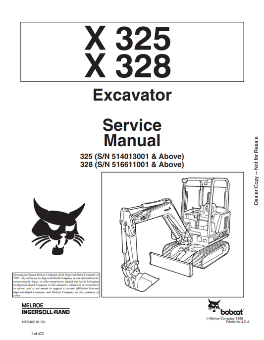 BOBCAT X325, X328 EXCAVATOR SERVICE MANUAL 6900462 PDF
