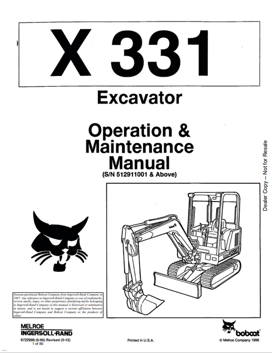 BOBCAT X331 EXCAVATOR OPERATION AND MAINTENANCE MANUAL 6722999 PDF