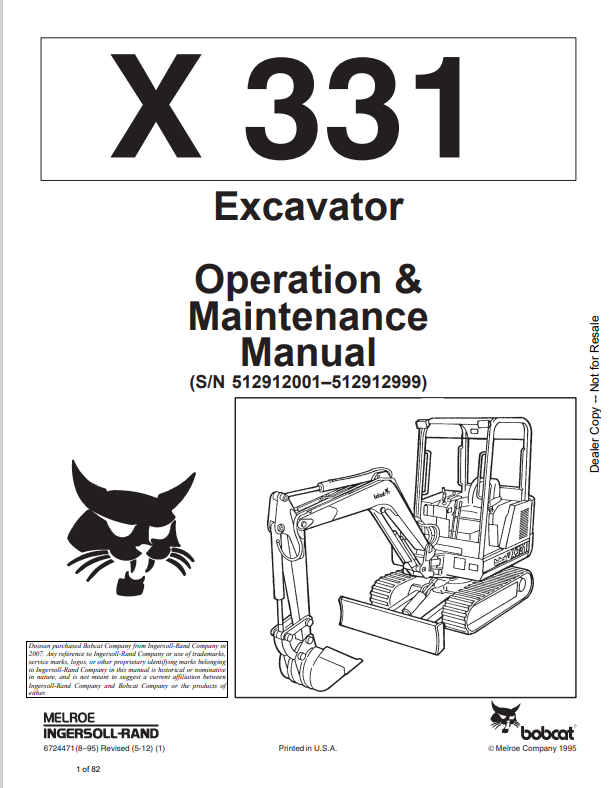 BOBCAT X331 EXCAVATOR OPERATION AND MAINTENANCE MANUAL 6724471 PDF
