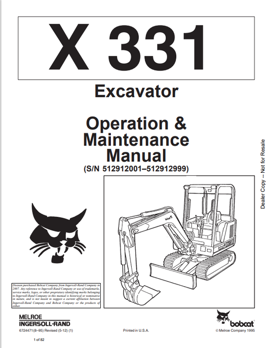 BOBCAT X331 EXCAVATOR OPERATION AND MAINTENANCE MANUAL 6724471 PDF