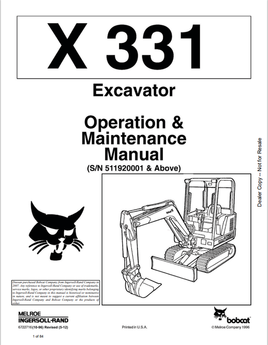 BOBCAT X331 EXCAVATOR OPERATION AND MAINTENANCE MANUAL 6986946 PDF