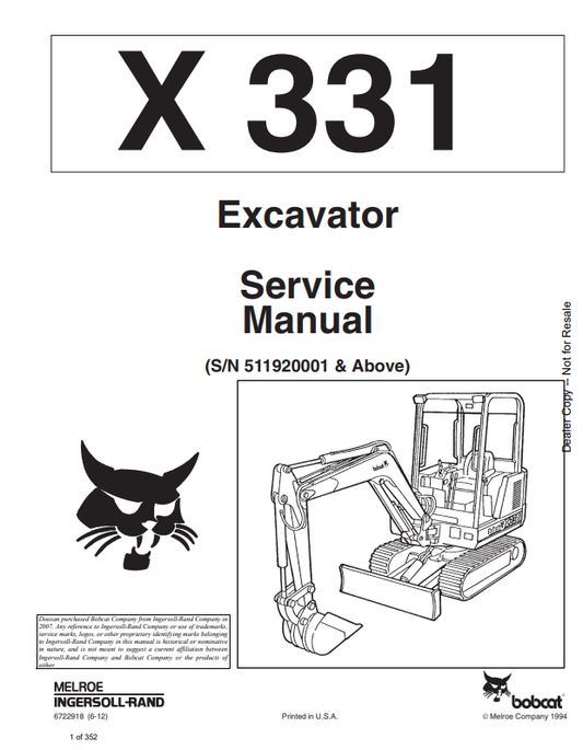 BOBCAT X331 EXCAVATOR SERVICE MANUAL 6722918 PDF