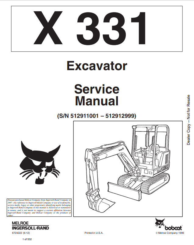 BOBCAT X331 EXCAVATOR SERVICE MANUAL 6724222 PDF