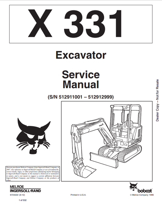 BOBCAT X331 EXCAVATOR SERVICE MANUAL 6724222 PDF
