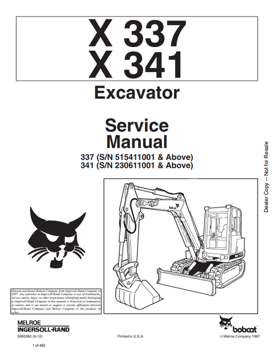 BOBCAT X337, X341 EXCAVATOR SERVICE MANUAL 6900380 PDF