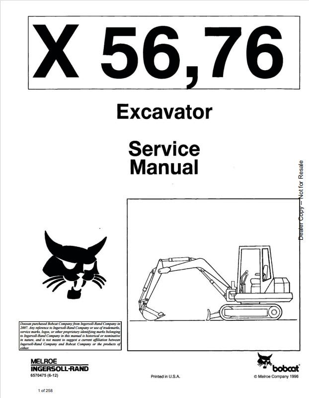 BOBCAT X56, X76 EXCAVATOR SER4VICE MANUAL 6570475 PDF