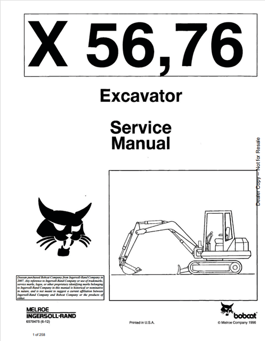 BOBCAT X56, X76 EXCAVATOR SER4VICE MANUAL 6570475 PDF