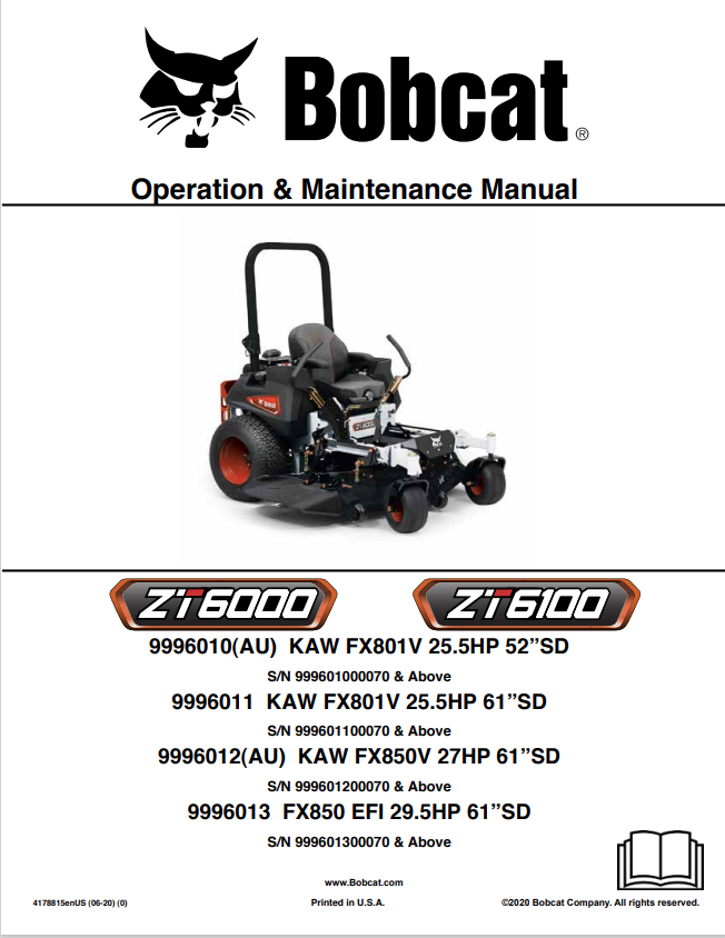 BOBCAT ZT6000, ZT6100 OPERATION AND MAINTENANCE MANUAL 4178815 PDF