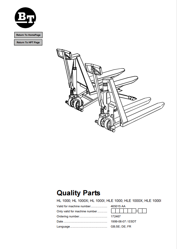 BT FORKLIFT HL 1000, HL 1000X, HL 1000I, HLE 1000, HLE 1000X, HLE 1000I PARTS MANUAL PDF