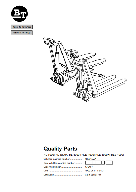 BT FORKLIFT HL 1000, HL 1000X, HL 1000I, HLE 1000, HLE 1000X, HLE 1000I PARTS MANUAL PDF