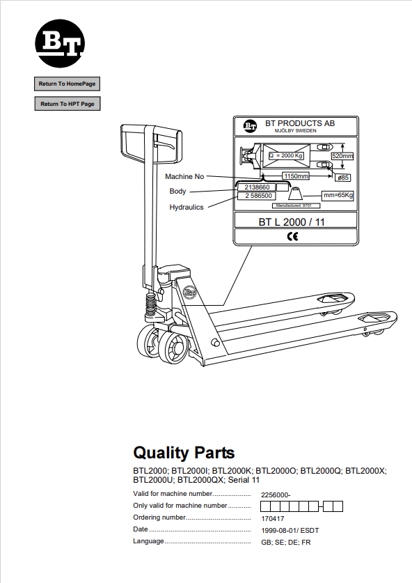 BT FORKLIFT BTL2000, BTL2000I, BTL2000K, BTL2000O, BTL2000Q, BTL2000X, BTL2000U, BTL2000QX, SERIAL 11 QUALITY PARTS MANUAL PDF