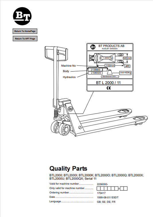 BT FORKLIFT BTL2000, BTL2000I, BTL2000K, BTL2000O, BTL2000Q, BTL2000X, BTL2000U, BTL2000QX, SERIAL 11 QUALITY PARTS MANUAL PDF