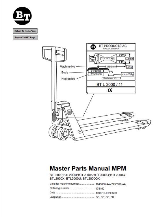 BT FORKLIFT BTL2000, BTL2000I, BTL2000K, BTL2000O, BTL2000Q, BTL2000X, BTL2000U, BTL2000Q MASTER PARTS MANUAL PDF