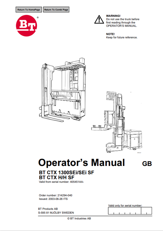 BT FORKLIFT BT HL10 STDIX, BT HLE10 STDIX OPERATOR MANUAL PDF