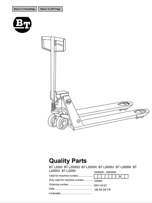 BT FORKLIFT BT L2000, BT L2000Q, BT L2000X, BT L2000U, BT L2000K, BT L2000O, BT L2000I QUALITY PARTS MANUAL PDF