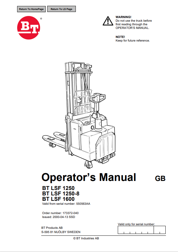 BT FORKLIFT BT LSF 1250, BT LSF 1250-8, BT LSF 1600 OPERATOR MANUAL PDF