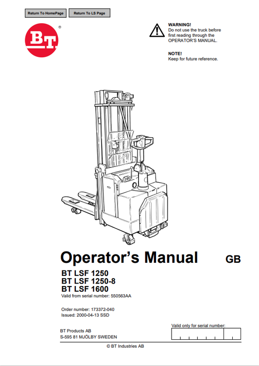 BT FORKLIFT BT LSF 1250, BT LSF 1250-8, BT LSF 1600 OPERATOR MANUAL PDF