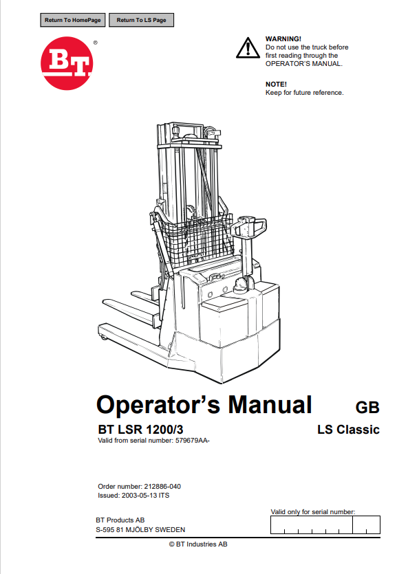 BT FORKLIFT BT LSR 1200/3 OPERATOR MANUAL PDF