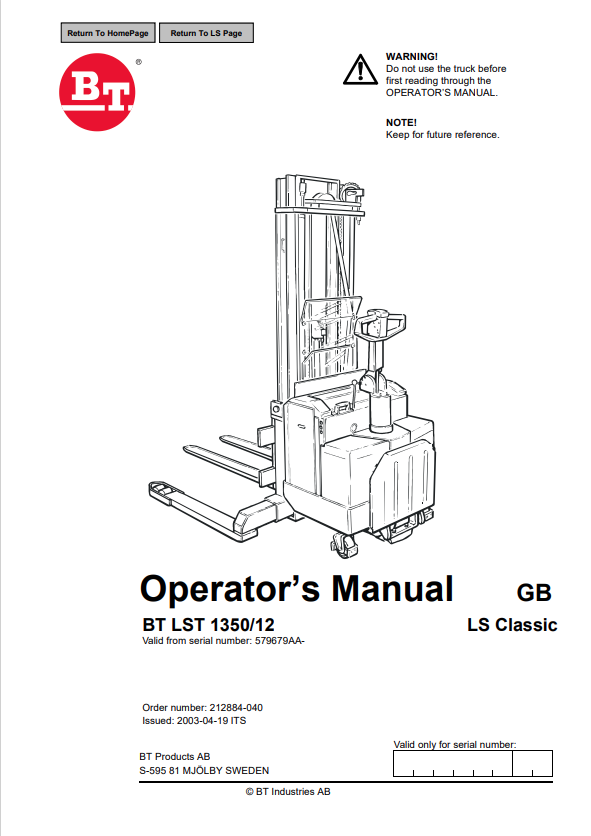 BT FORKLIFT BT LST 1350/12 OPERATOR MANUAL PDF