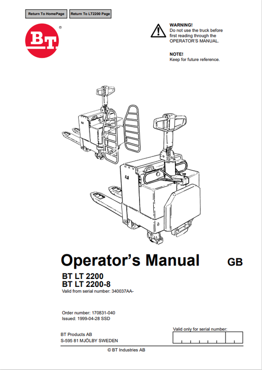 BT FORKLIFT BT LT 2200, BT LT 2200-8 OPERATOR MANUAL PDF