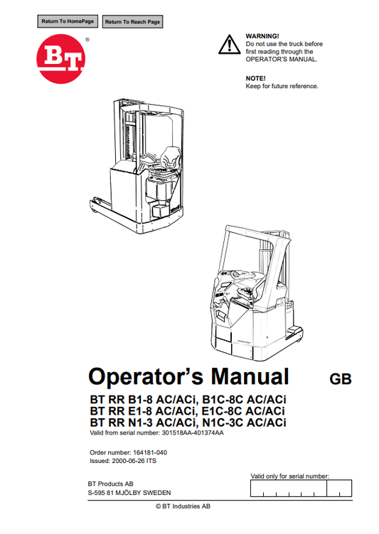BT FORKLIFT BT RR B1-8 AC/ACI, B1C-8C AC/ACI, BT RR E1-8 AC/ACI, E1C-8C AC/ACI, BT RR N1-3 AC/ACI, N1C-3C AC/ACI OPERATOR MANUAL PDF