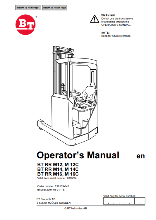 BT FORKLIFT BT RR M12, M12C BT RR M14, M 14C BT RR M16, M 16C OPERATOR MANUAL PDF
